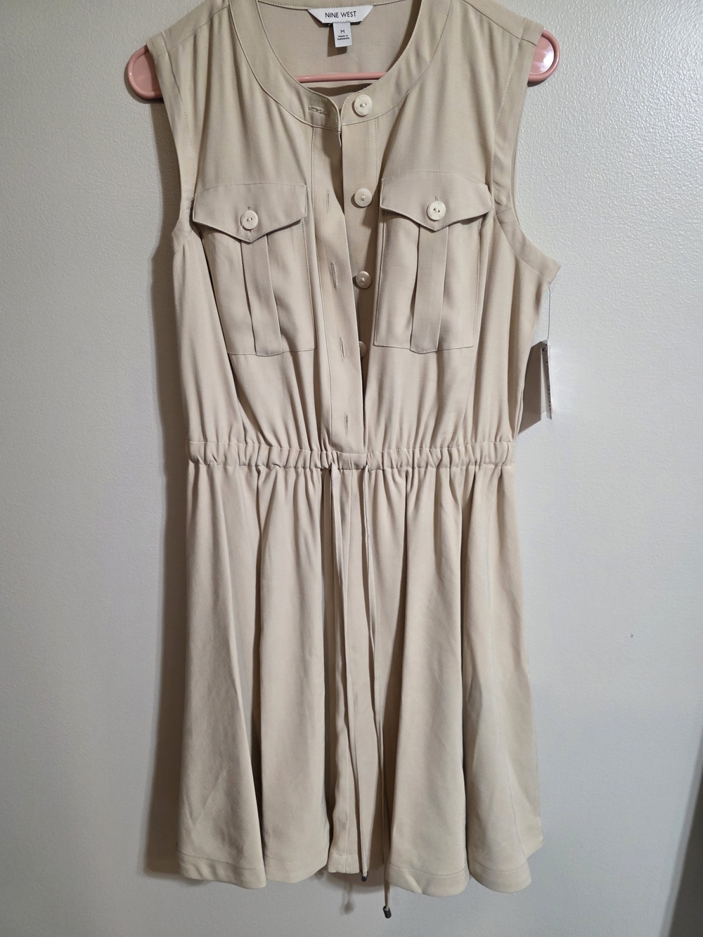 Nine West Beige Sleeveless Utility Drawstring Dress